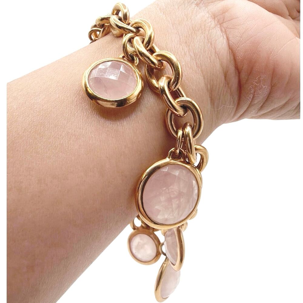 Milor Bronze Italy and Natural Rose Quartz Crystals Charms Bracelet 7"